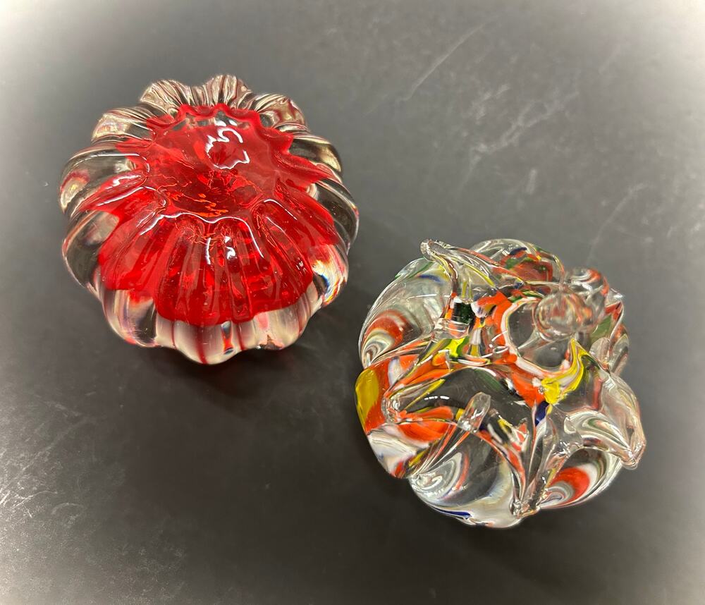 Art Glass Paperweights, Holiday Theme Confetti and Crimson, VTG Japan Lot of 2